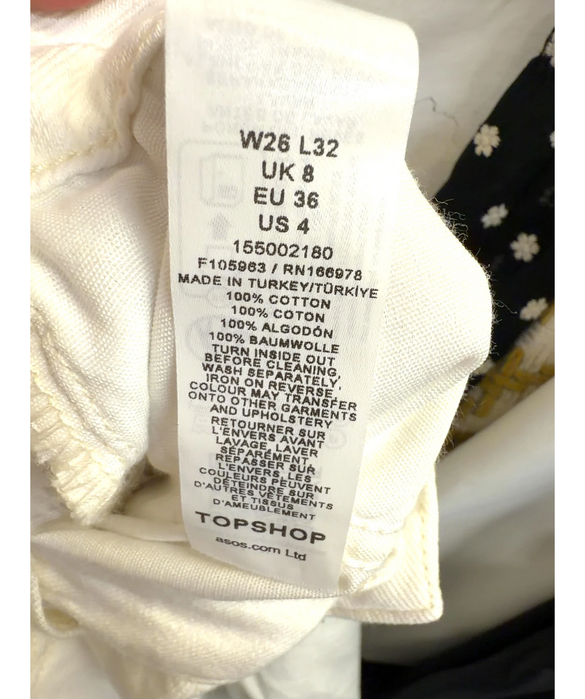 TOPSHOP White Low Rise Wide Leg Jeans, size UK 8 — care label
