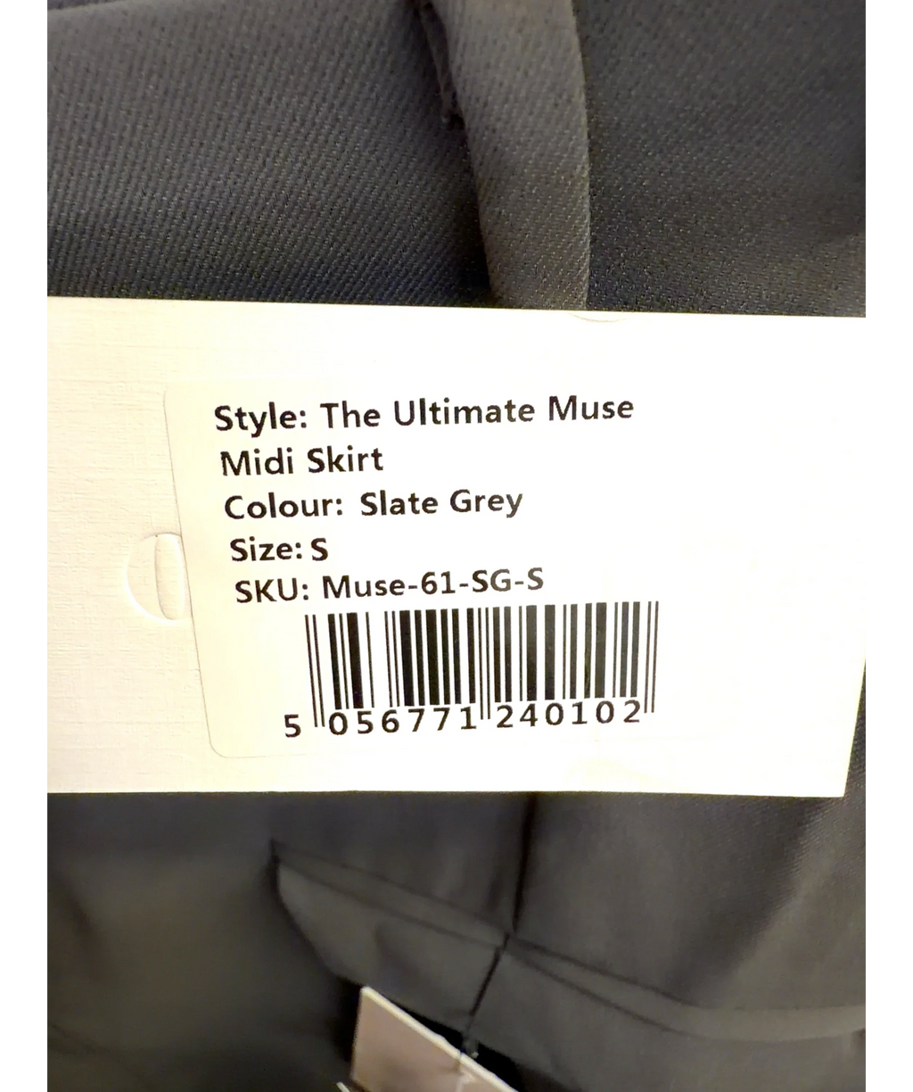 ODD MUSE Grey The Ultimate Muse Midi Skirt, size UK S — care label