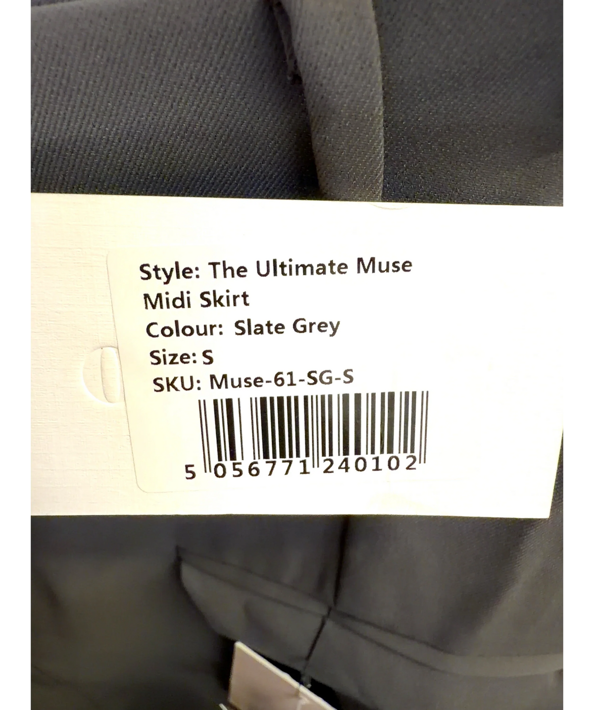 ODD MUSE Grey The Ultimate Muse Midi Skirt, size UK S — care label