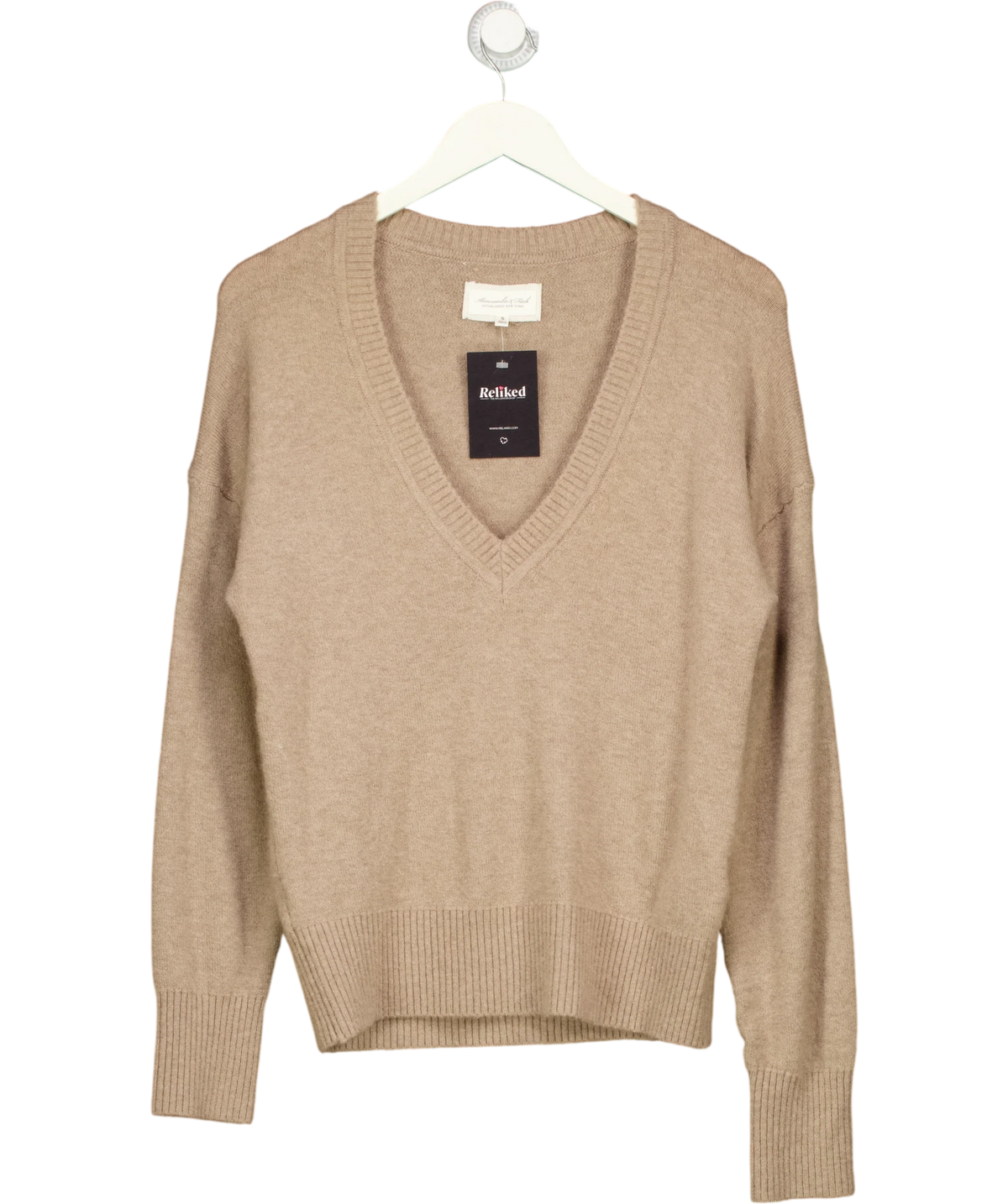 ABERCROMBIE & FITCH Beige Merino Wool-Blend V-Neck Sweater, size UK S — front