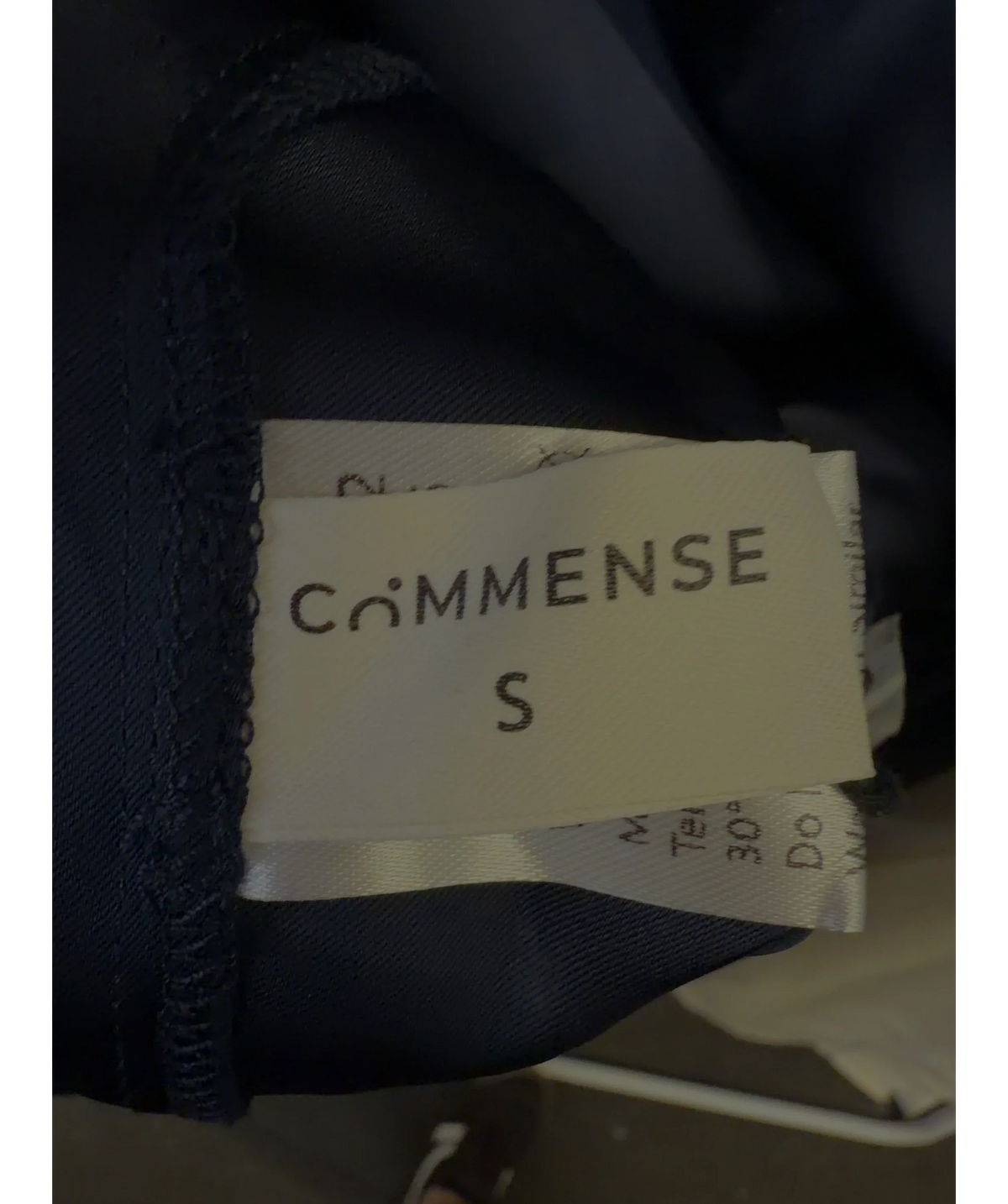 Commense navy Satin Draped Mock Neck Blouse, size UK S — care label