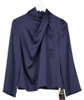 Commense navy Satin Draped Mock Neck Blouse, size UK S — front