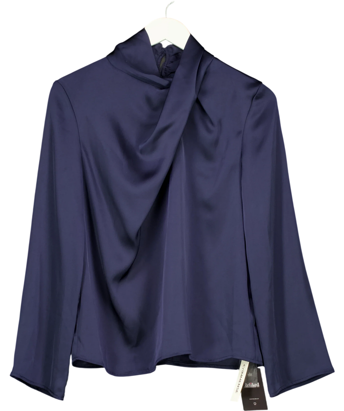 Commense navy Satin Draped Mock Neck Blouse, size UK S — front