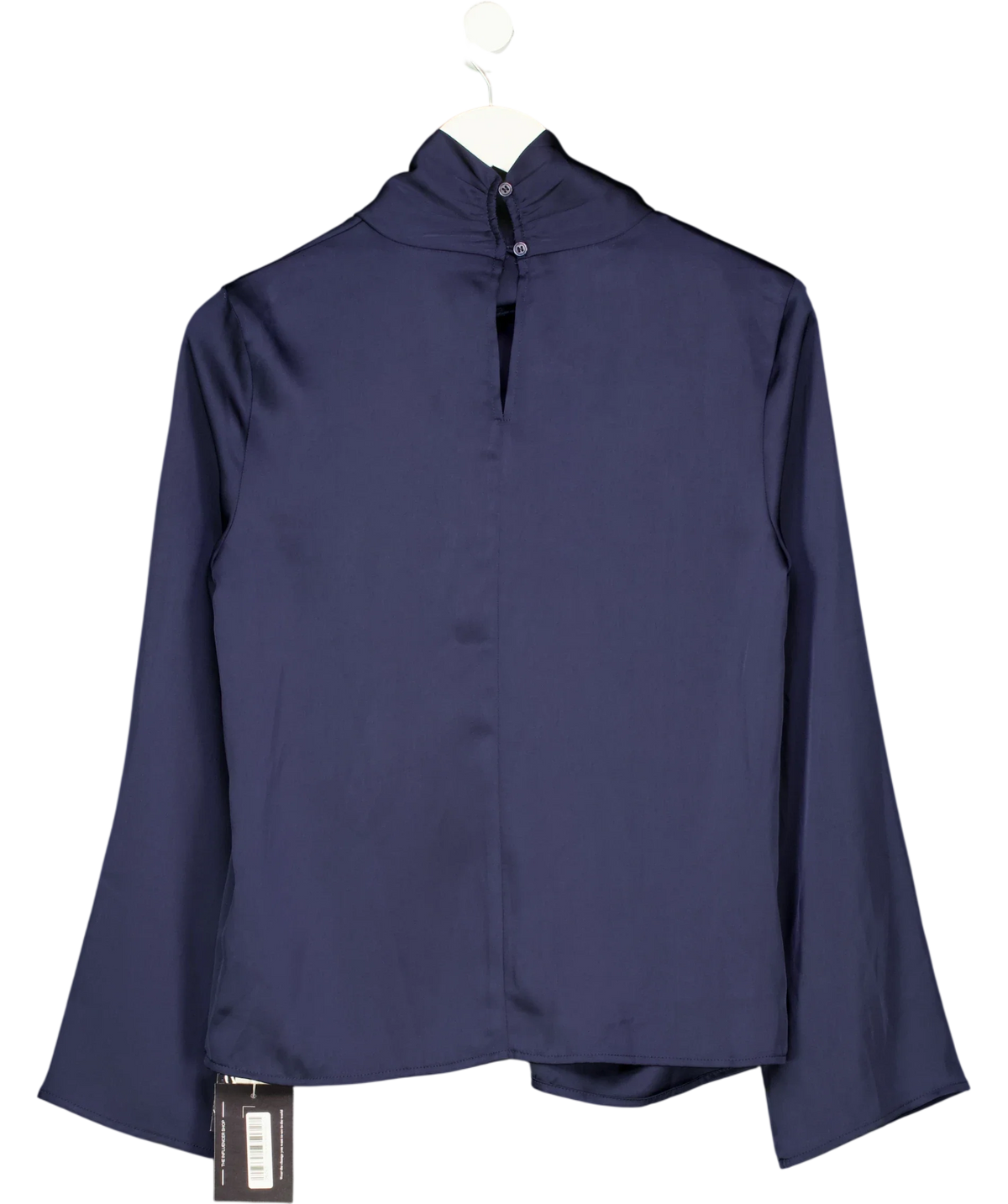 Commense navy Satin Draped Mock Neck Blouse, size UK S — back