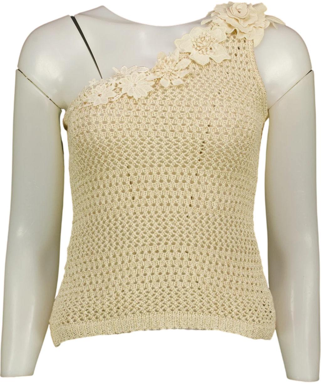Commense Cream One Shoulder 3D Flower Crochet Top, size UK XS — front