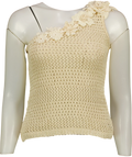 Commense Cream One Shoulder 3D Flower Crochet Top, size UK XS — front