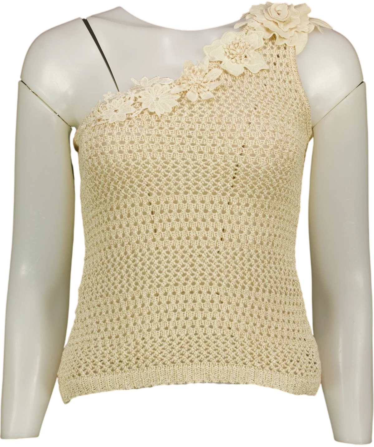 Commense Cream One Shoulder 3D Flower Crochet Top, size UK XS — front