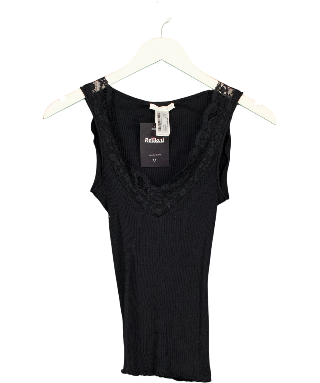 ZARA Black Black Ribbed Lace-Trim Tank / Vest Top, size UK S — front