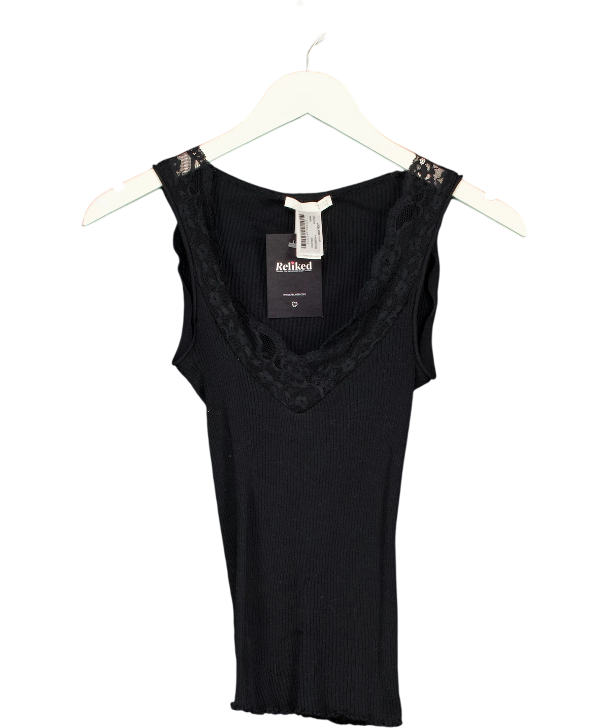 ZARA Black Black Ribbed Lace-Trim Tank / Vest Top, size UK S — front