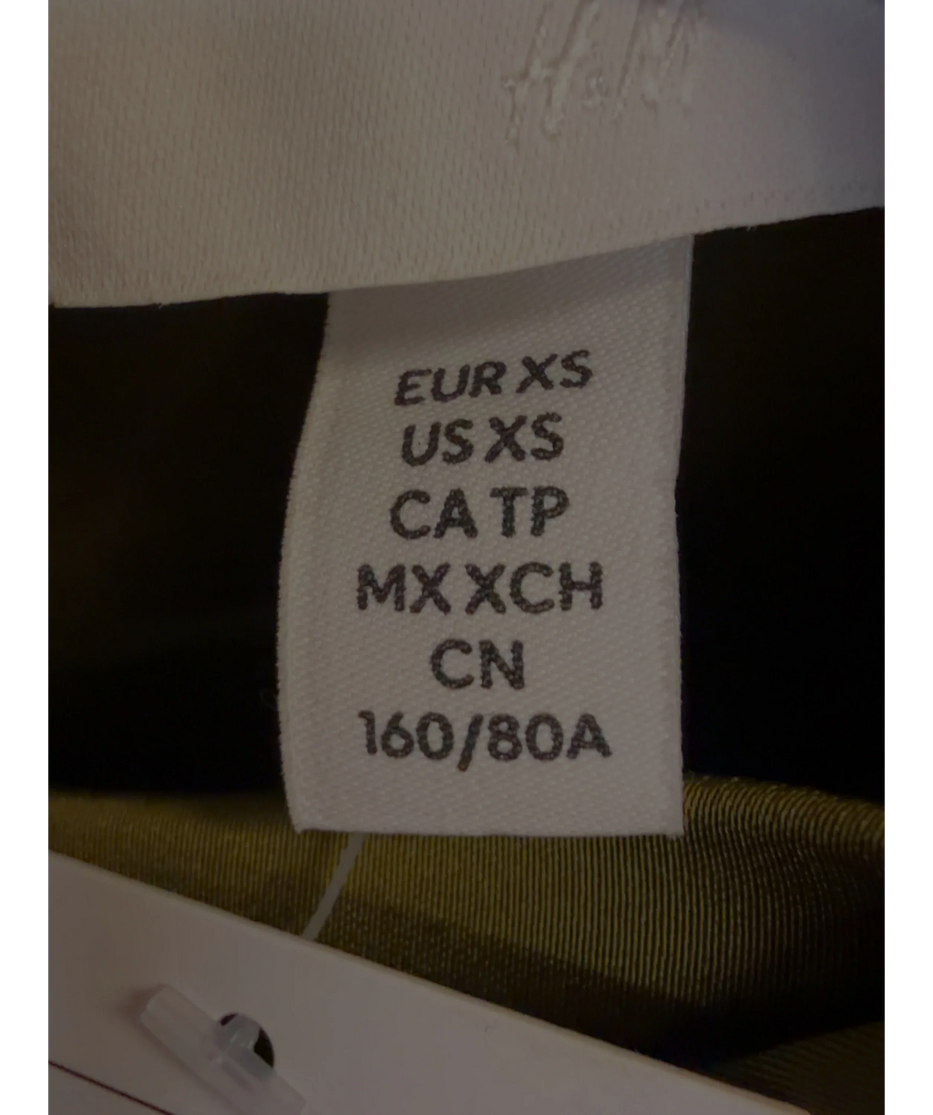 H&M olive green Shawl-detail satin blouse, size UK XS — care label