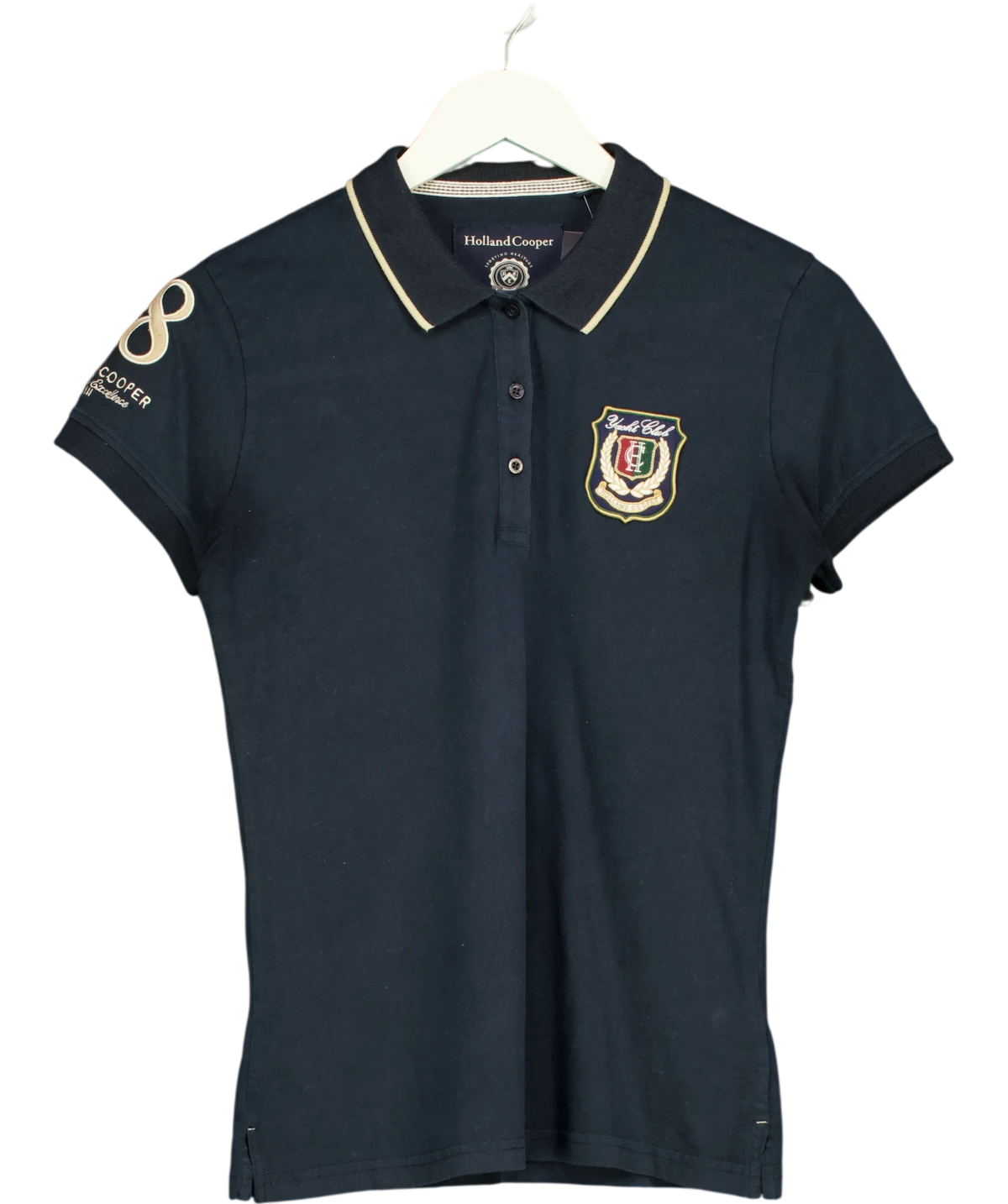 HOLLAND COOPER navy blue tipped crest/classic style polo shirt, size UK S — front