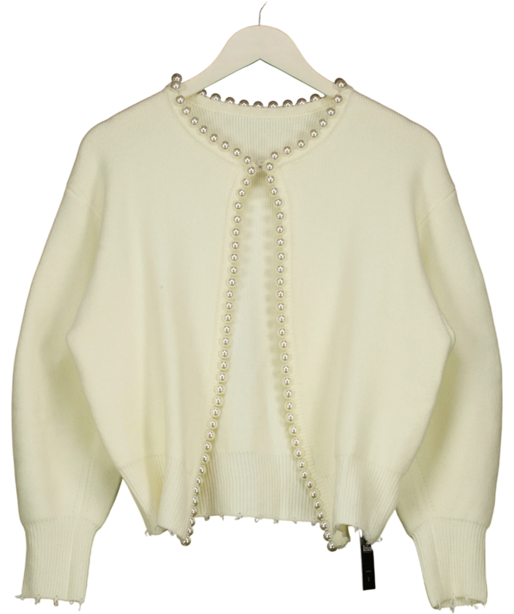 Commense Cream Vintage Pearl Edge / Pearl Trim Ripped Hem Cardigan, size UK XS — front