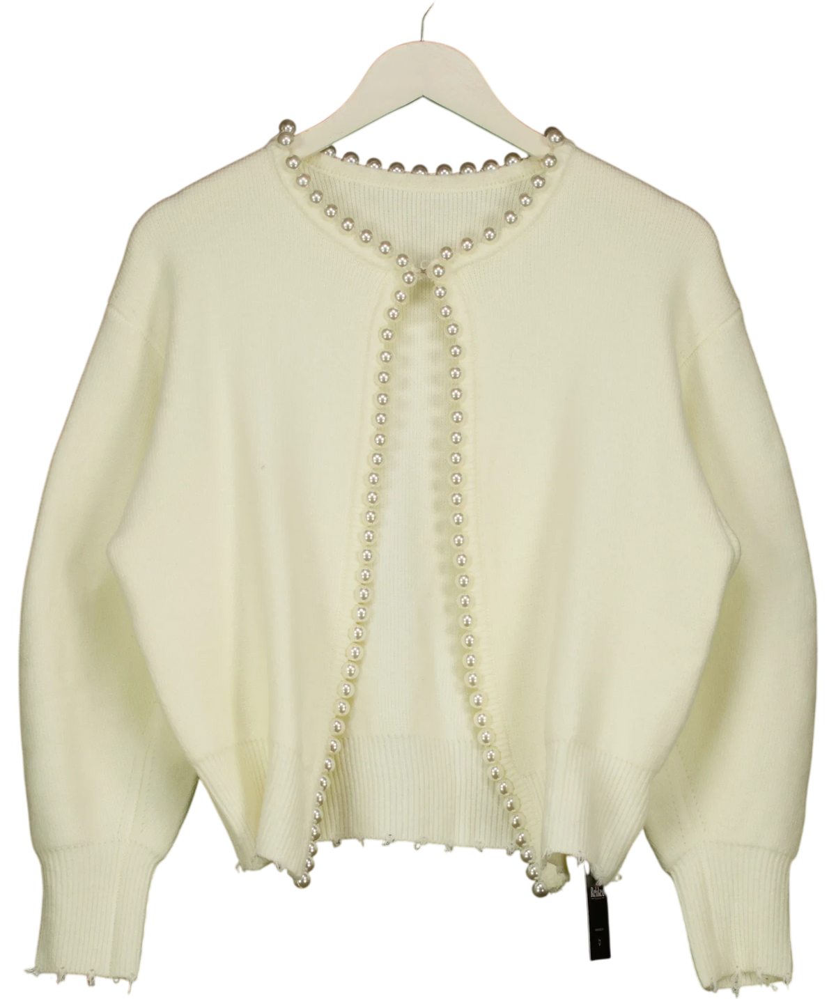 Commense Cream Vintage Pearl Edge / Pearl Trim Ripped Hem Cardigan, size UK XS — front
