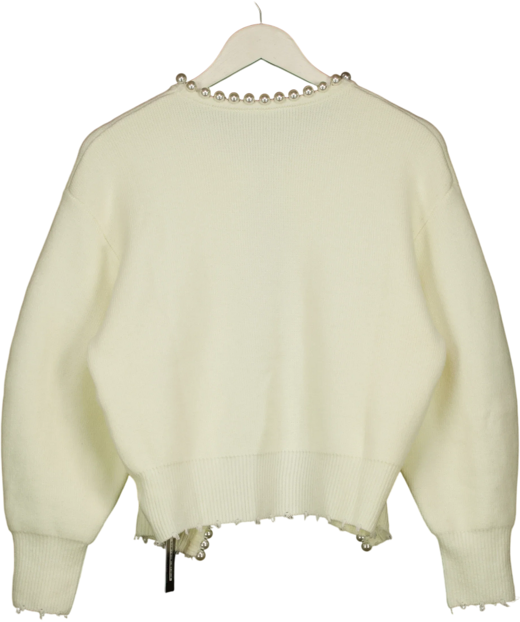 Commense Cream Vintage Pearl Edge / Pearl Trim Ripped Hem Cardigan, size UK XS — back