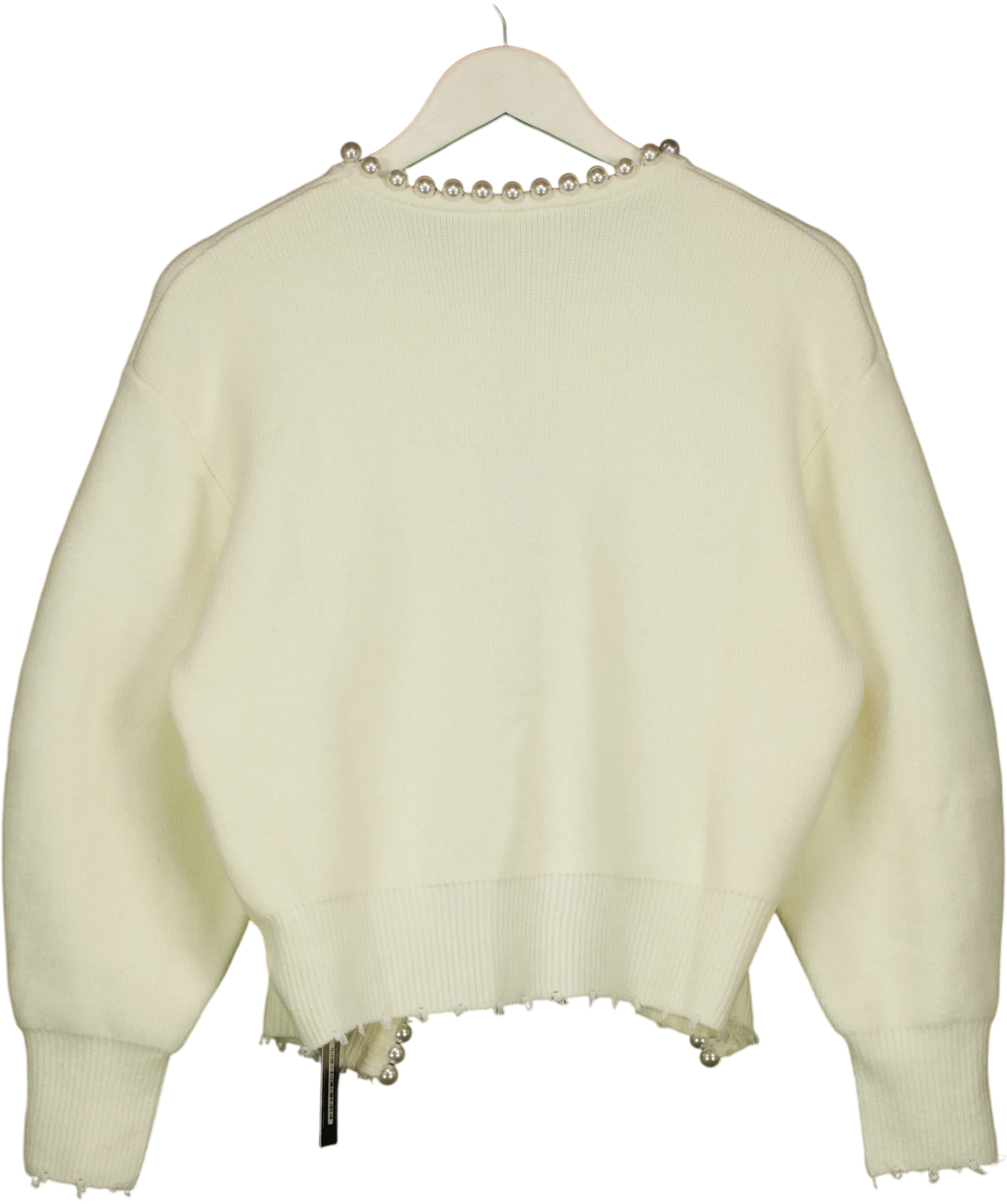 Commense Cream Vintage Pearl Edge / Pearl Trim Ripped Hem Cardigan, size UK XS — back