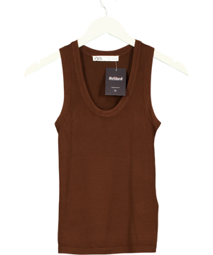 Zara Brown Ribbed Viscose Scoop Tank Top UK XS