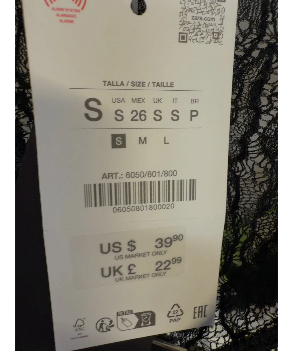 ZARA Black Lace Buckle Top, size UK S — label