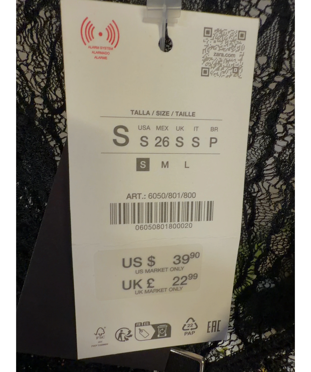 ZARA Black Lace Buckle Top, size UK S — care label