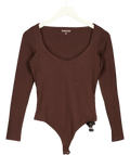 ABERCROMBIE & FITCH Brown Bra-Free Collection long-sleeve deep-V / scoop bodysuit, size UK S — front