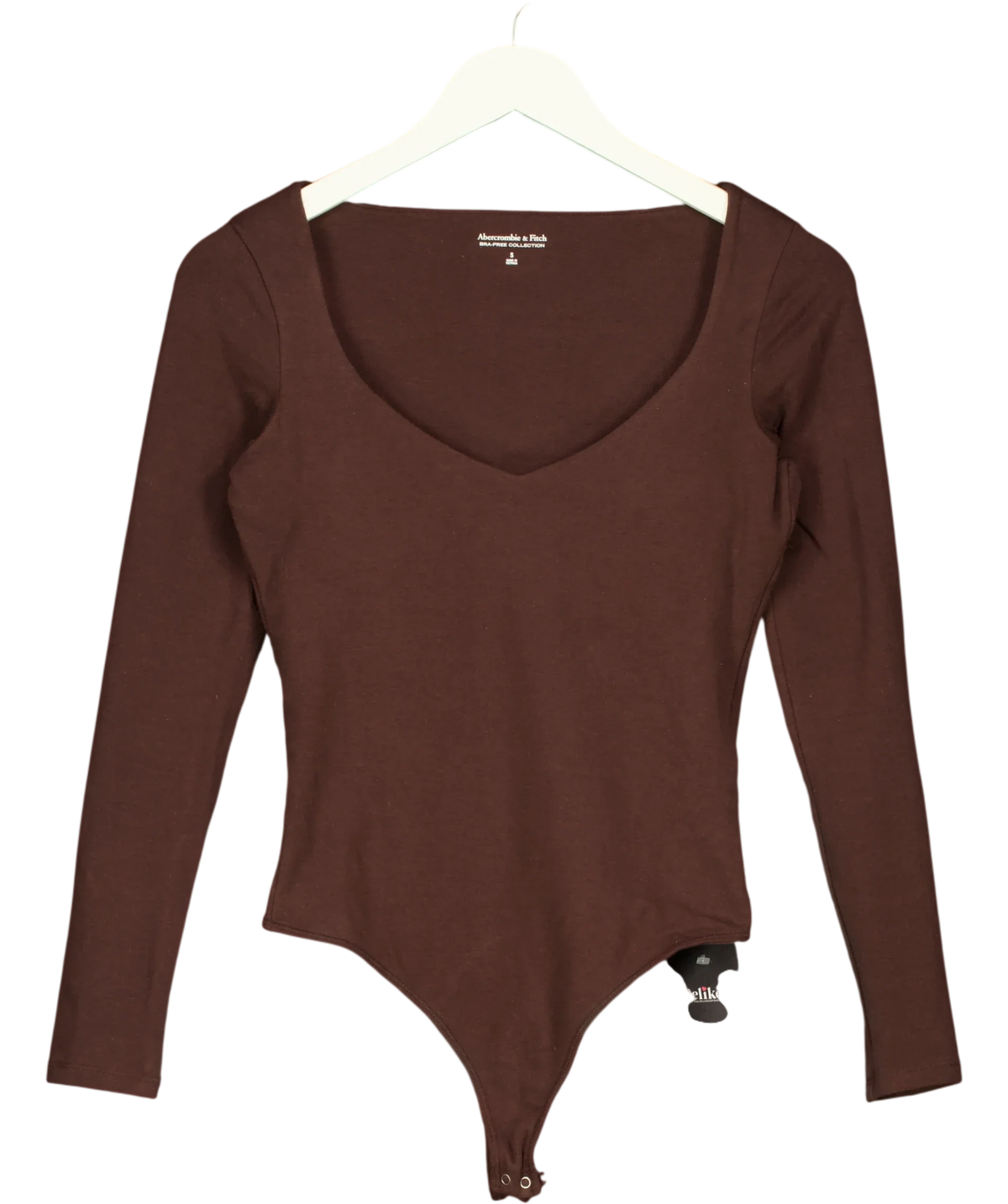 ABERCROMBIE & FITCH Brown Bra-Free Collection long-sleeve deep-V / scoop bodysuit, size UK S — front