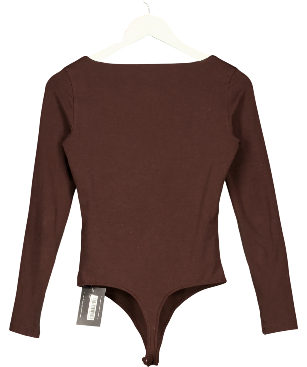ABERCROMBIE & FITCH Brown Bra-Free Collection long-sleeve deep-V / scoop bodysuit, size UK S — back