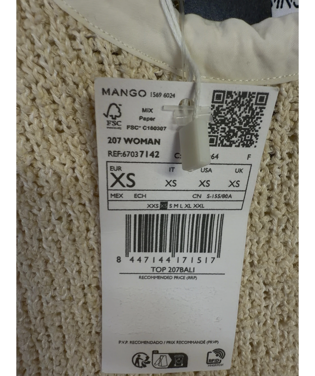 MANGO cream TOP 207BALI, size UK XS — label
