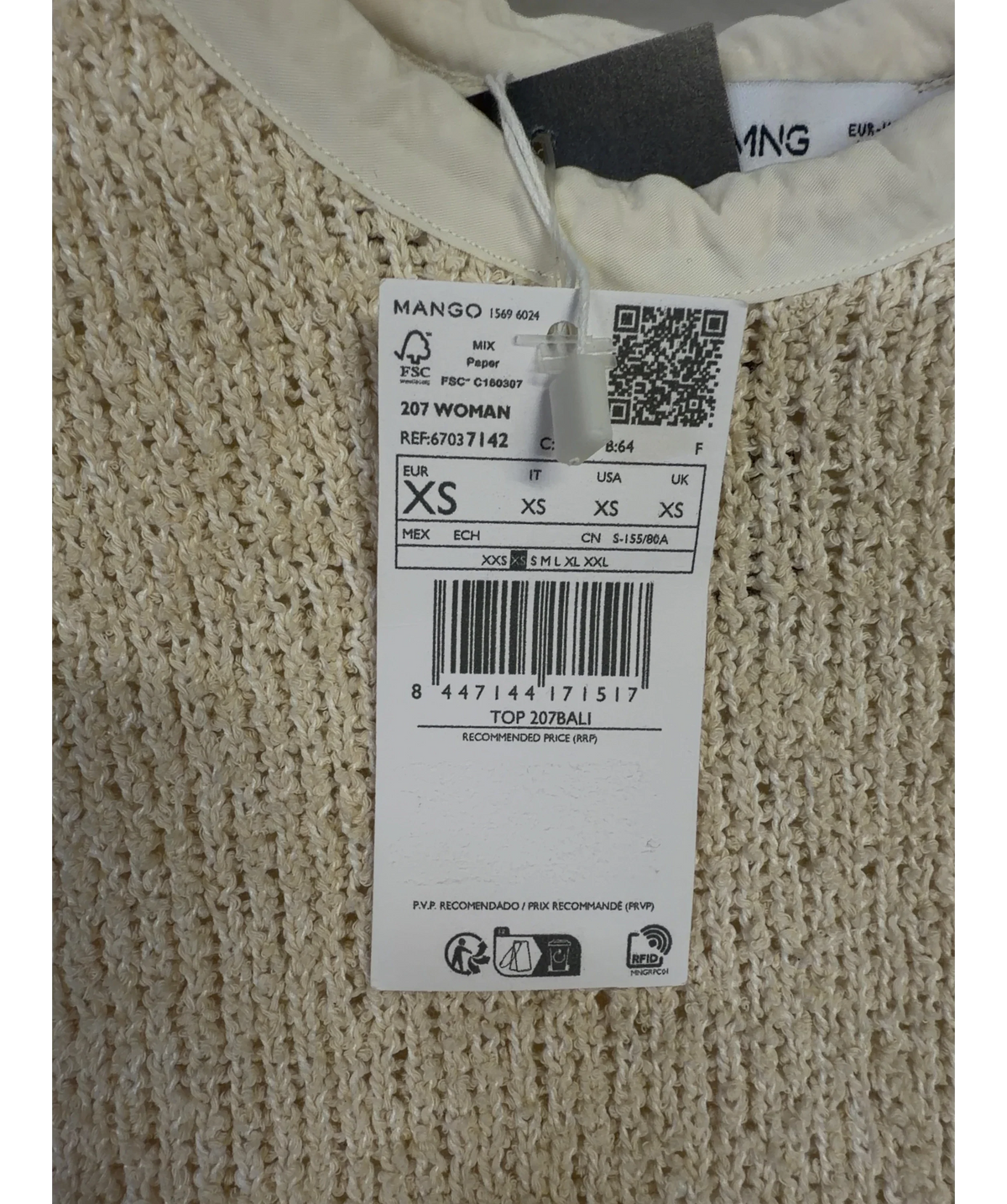 MANGO cream TOP 207BALI, size UK XS — care label