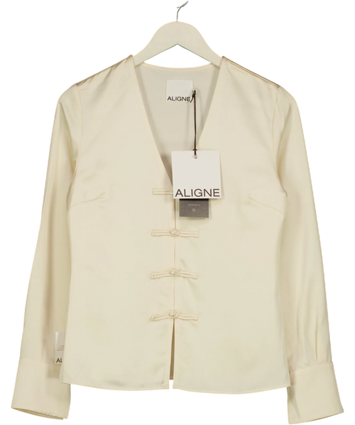Aligne ivory Saffron Knot Fastening Satin Shirt, size UK 6 — front