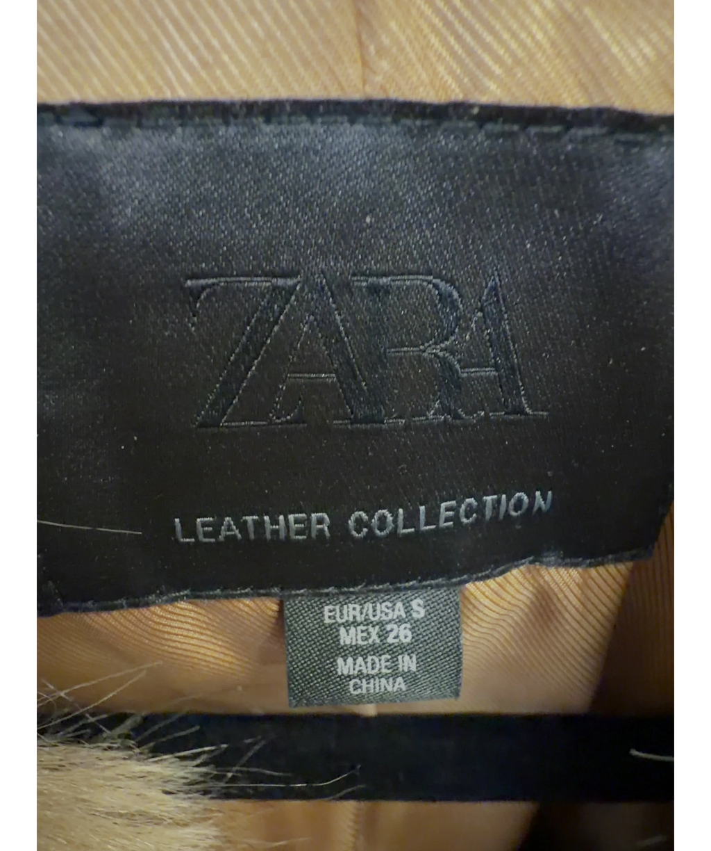ZARA Brown Suede Leather Blazer with Faux Fur, size UK S — detail