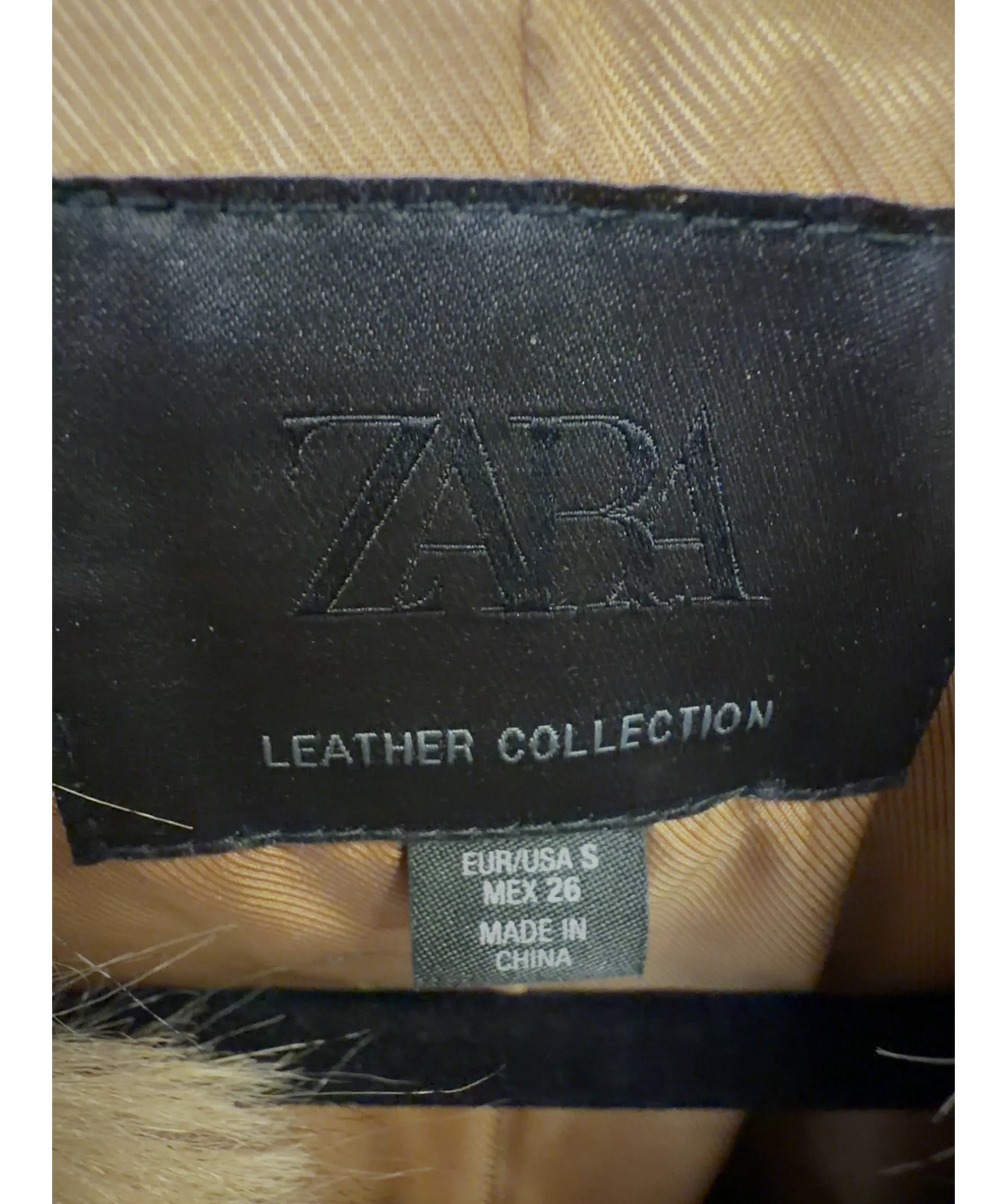 ZARA Brown Suede Leather Blazer with Faux Fur, size UK S — care label