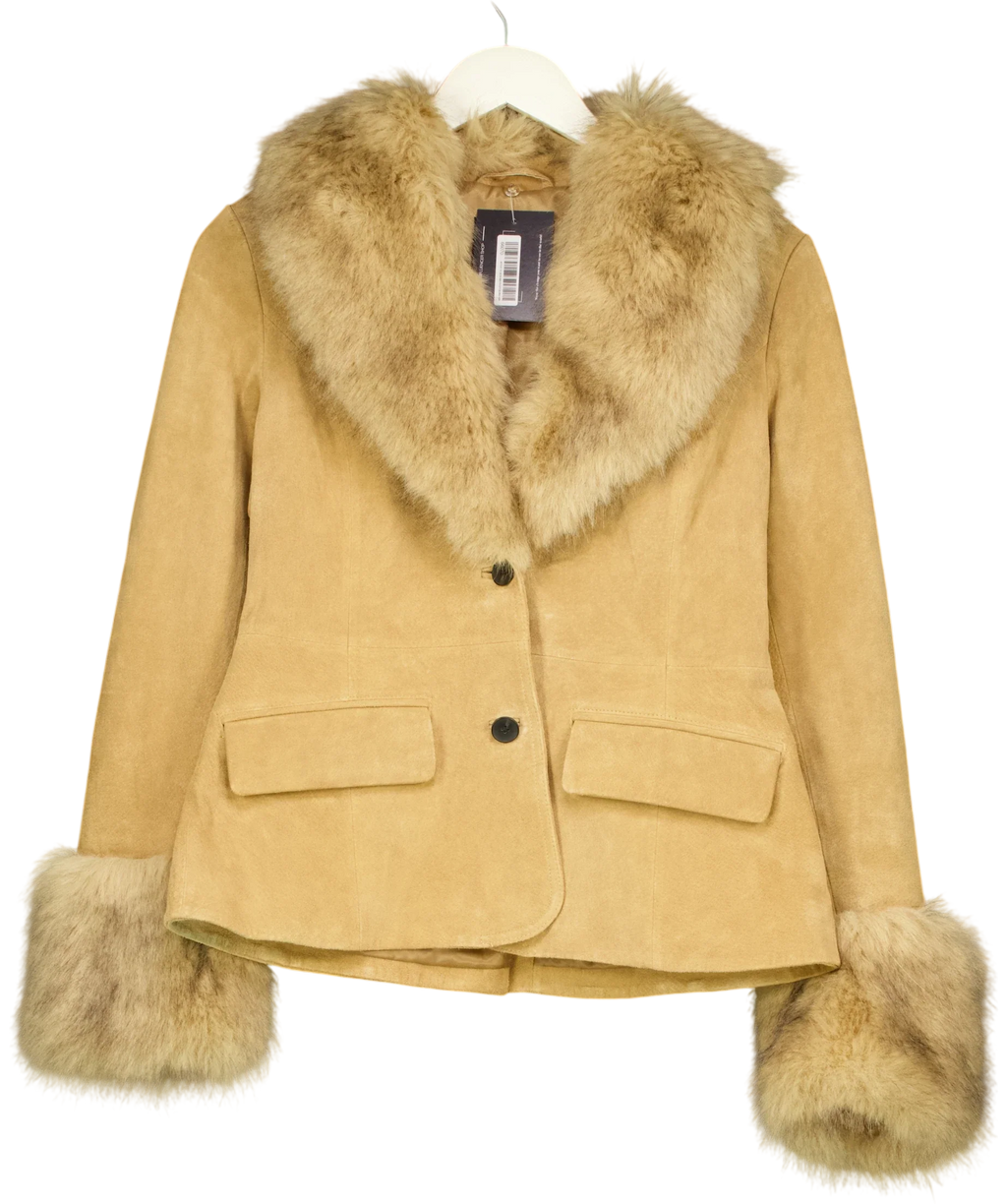 ZARA Brown Suede Leather Blazer with Faux Fur, size UK S — front