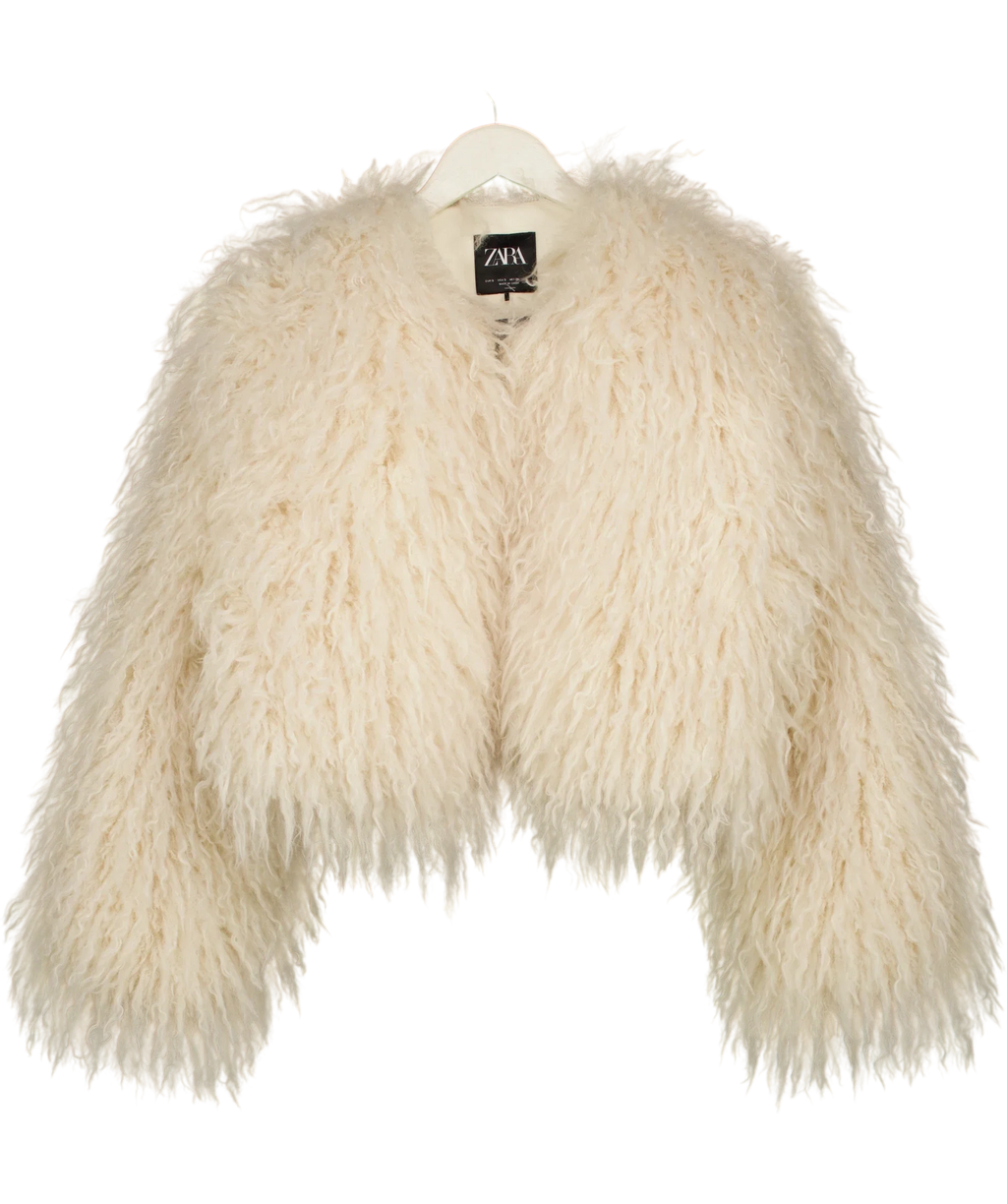 ZARA Cream shaggy faux fur jacket, size UK S — front