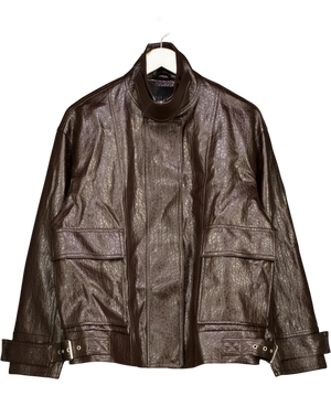 Zara Brown Crinkled Faux Leather Funnel Neck Bomber Jacket UK XS