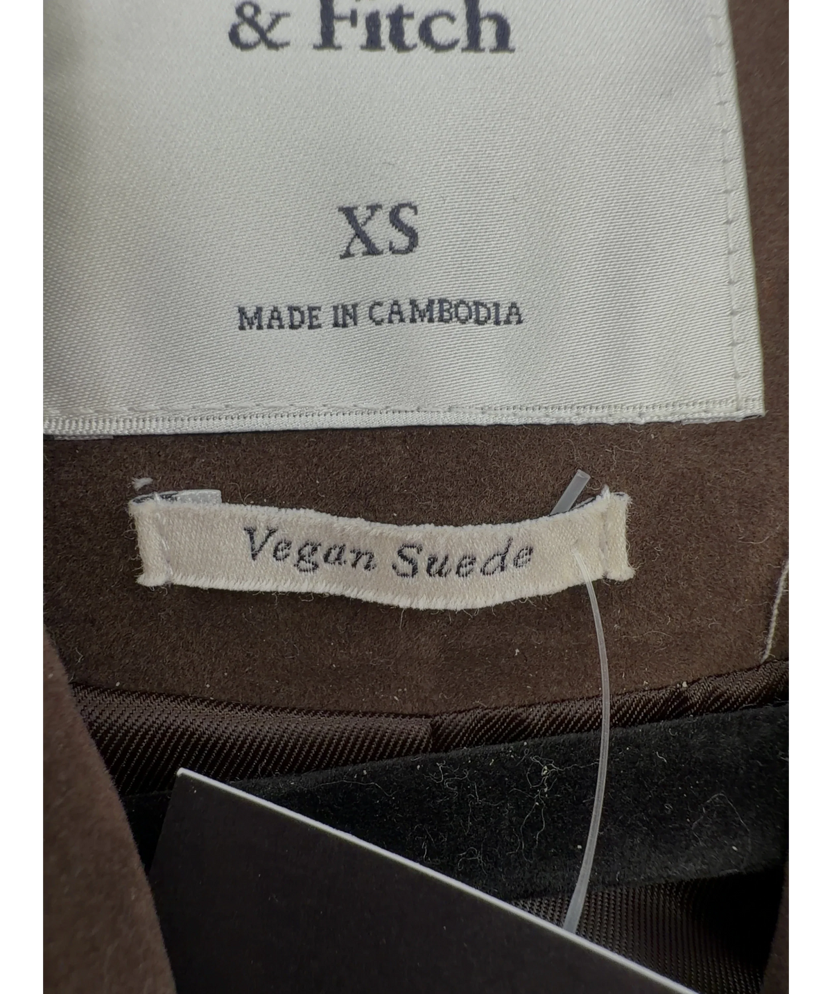 ABERCROMBIE & FITCH Brown Longline Vegan Suede Jacket, size UK XS — label