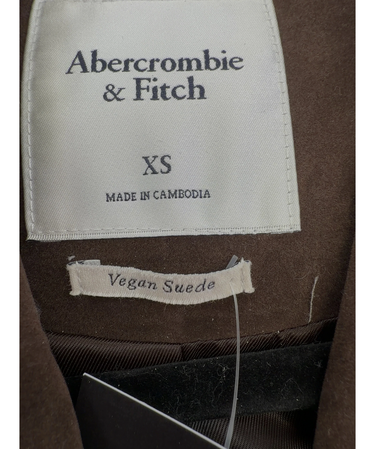 ABERCROMBIE & FITCH Brown Longline Vegan Suede Jacket, size UK XS — care label