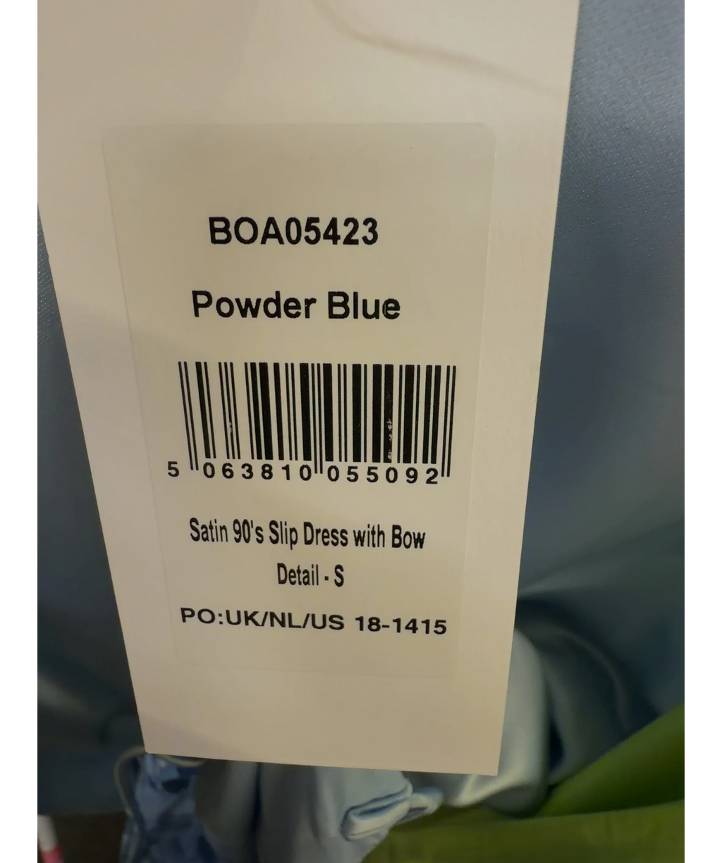 BOA Blue Satin 90's Slip Dress with Bow Detail - S, size UK S — label