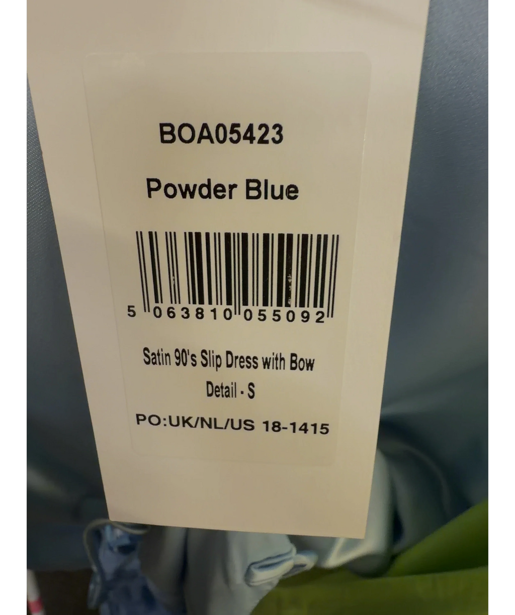 BOA Blue Satin 90's Slip Dress with Bow Detail - S, size UK S — care label