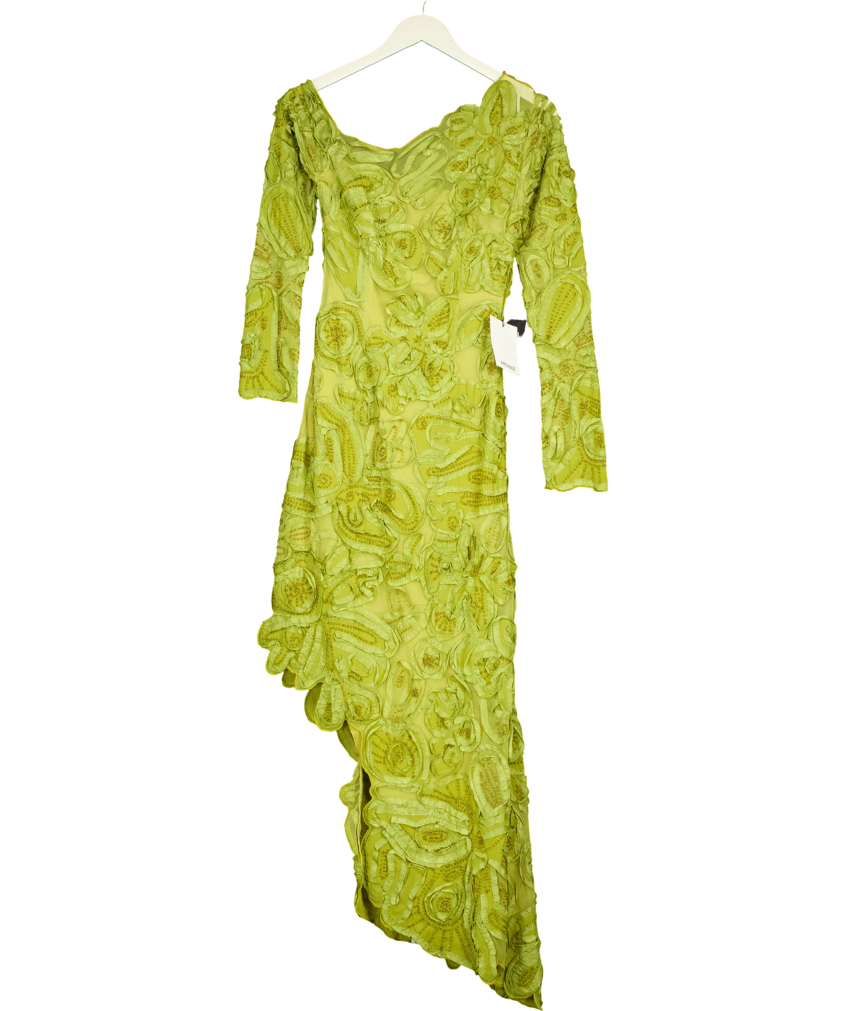 ARRANGE Green floral embroidered and embellished off shoulder midi/maxi dress, size UK 4 — front