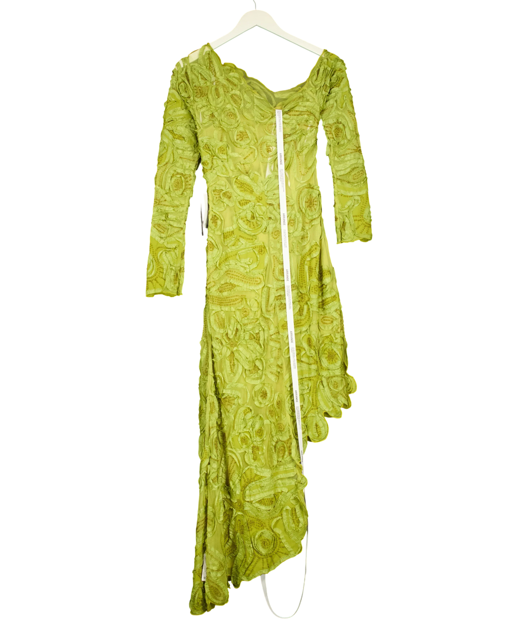 ARRANGE Green floral embroidered and embellished off shoulder midi/maxi dress, size UK 4 — back