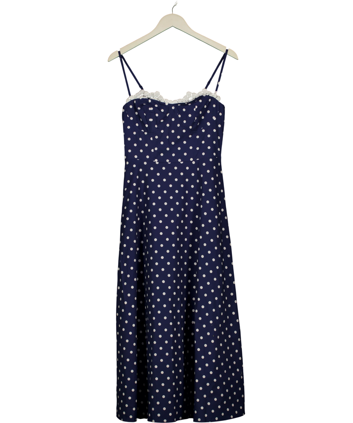Commense Blue Polka Dot Lace Trim Cami Maxi/Midi Dress, size UK XS — front