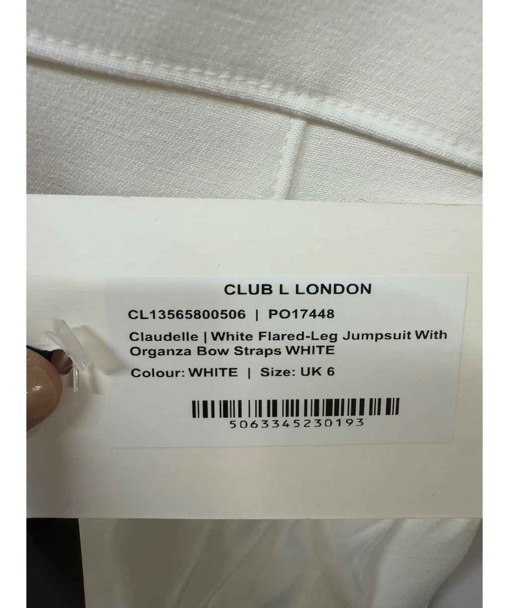 Club L White Claudelle White Flared-Leg Jumpsuit With Organza Bow Straps, size UK 6 — label