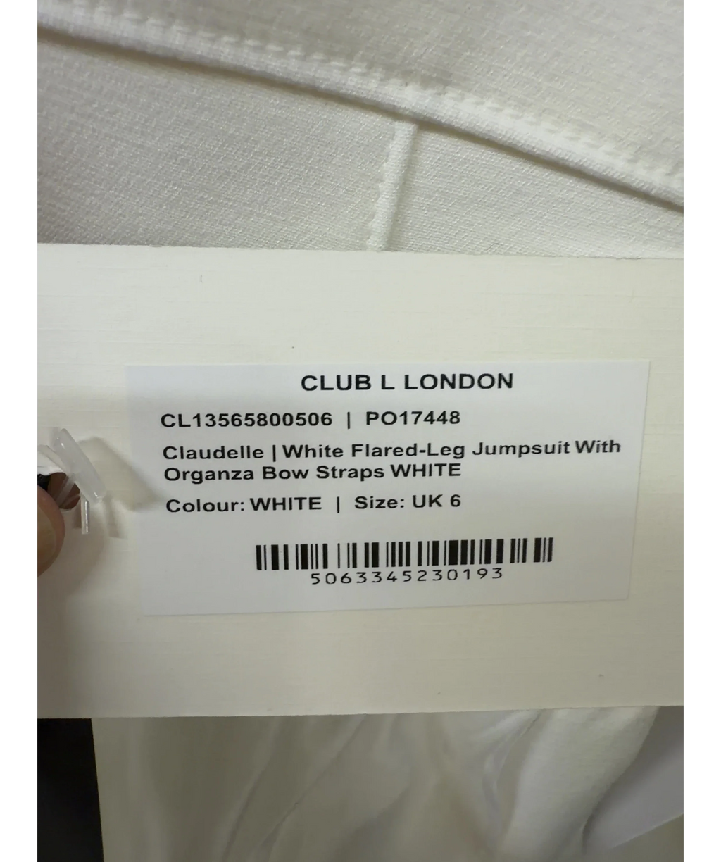 Club L White Claudelle White Flared-Leg Jumpsuit With Organza Bow Straps, size UK 6 — care label