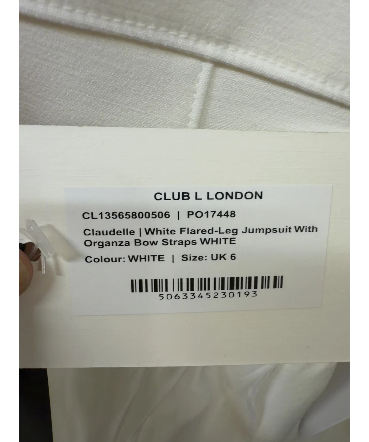 Club L White Claudelle White Flared-Leg Jumpsuit With Organza Bow Straps, size UK 6 — care label