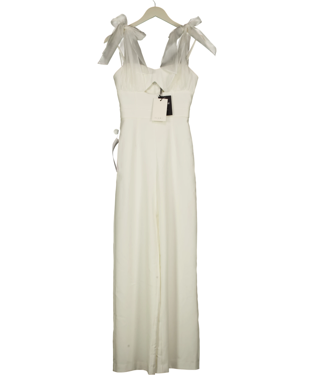 Club L White Claudelle White Flared-Leg Jumpsuit With Organza Bow Straps, size UK 6 — front