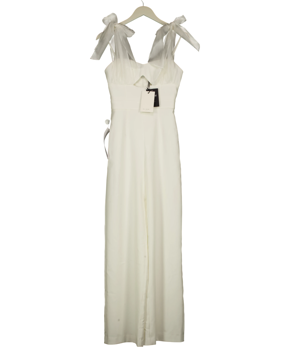 Club L White Claudelle White Flared-Leg Jumpsuit With Organza Bow Straps, size UK 6 — front