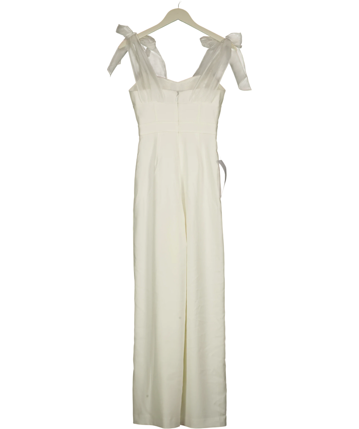 Club L White Claudelle White Flared-Leg Jumpsuit With Organza Bow Straps, size UK 6 — back