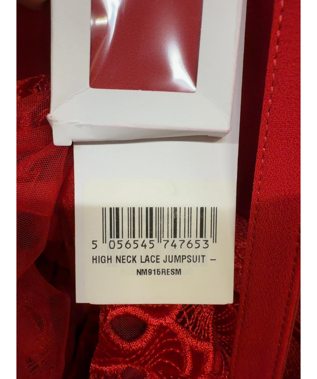 NADINE MERABI Red High Neck Lace Jumpsuit, size UK 10 — label