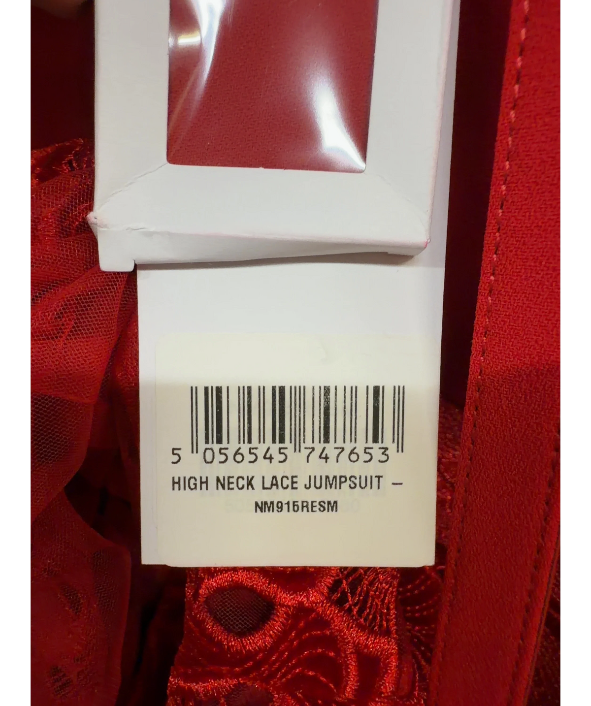 NADINE MERABI Red High Neck Lace Jumpsuit, size UK 10 — label