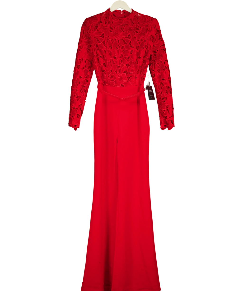 NADINE MERABI Red High Neck Lace Jumpsuit, size UK 10 — front