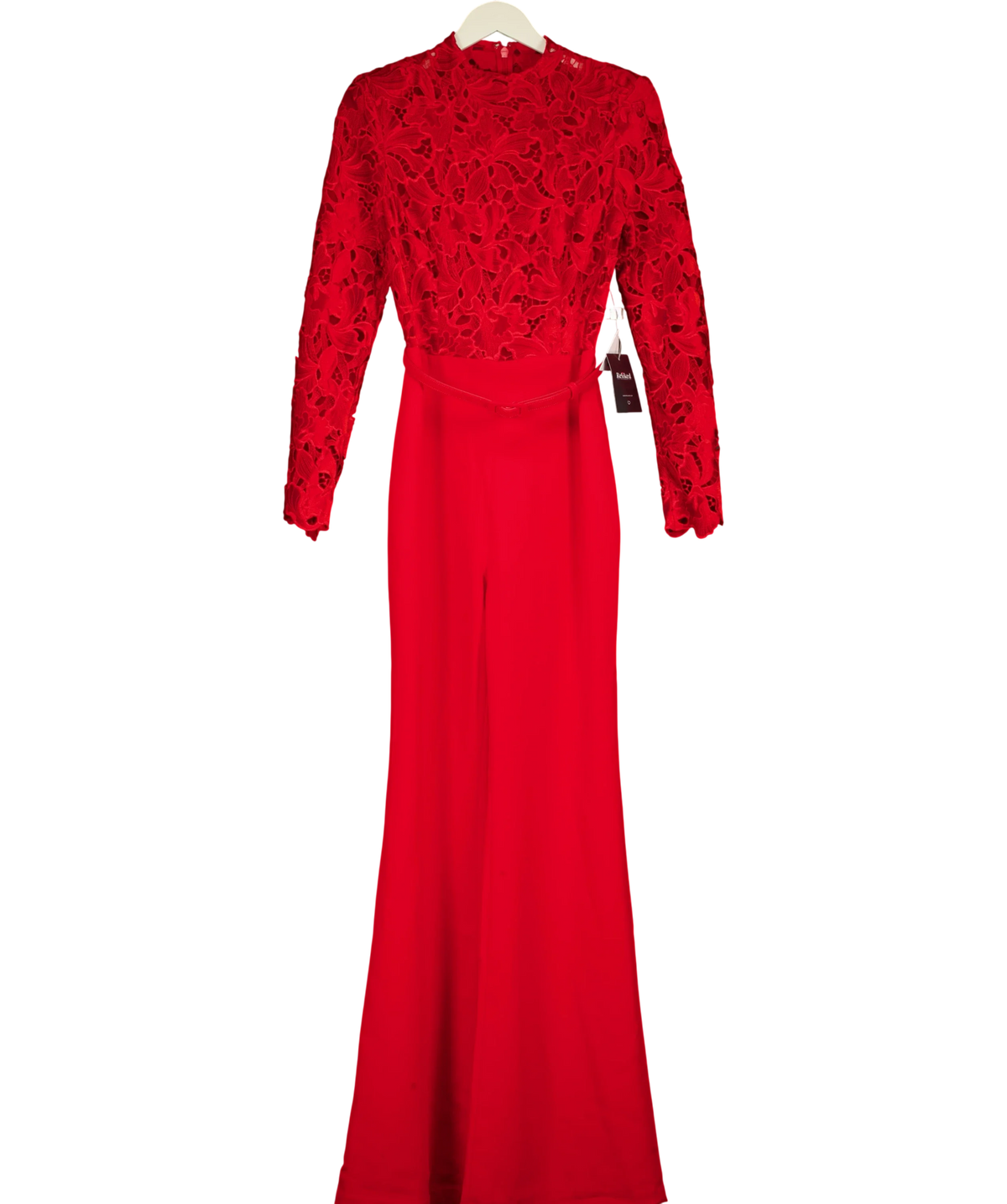 NADINE MERABI Red High Neck Lace Jumpsuit, size UK 10 — front